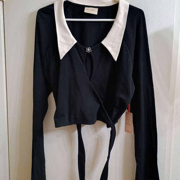 lovefool Tops - Stylish Black and White Collared Wrap Blouse